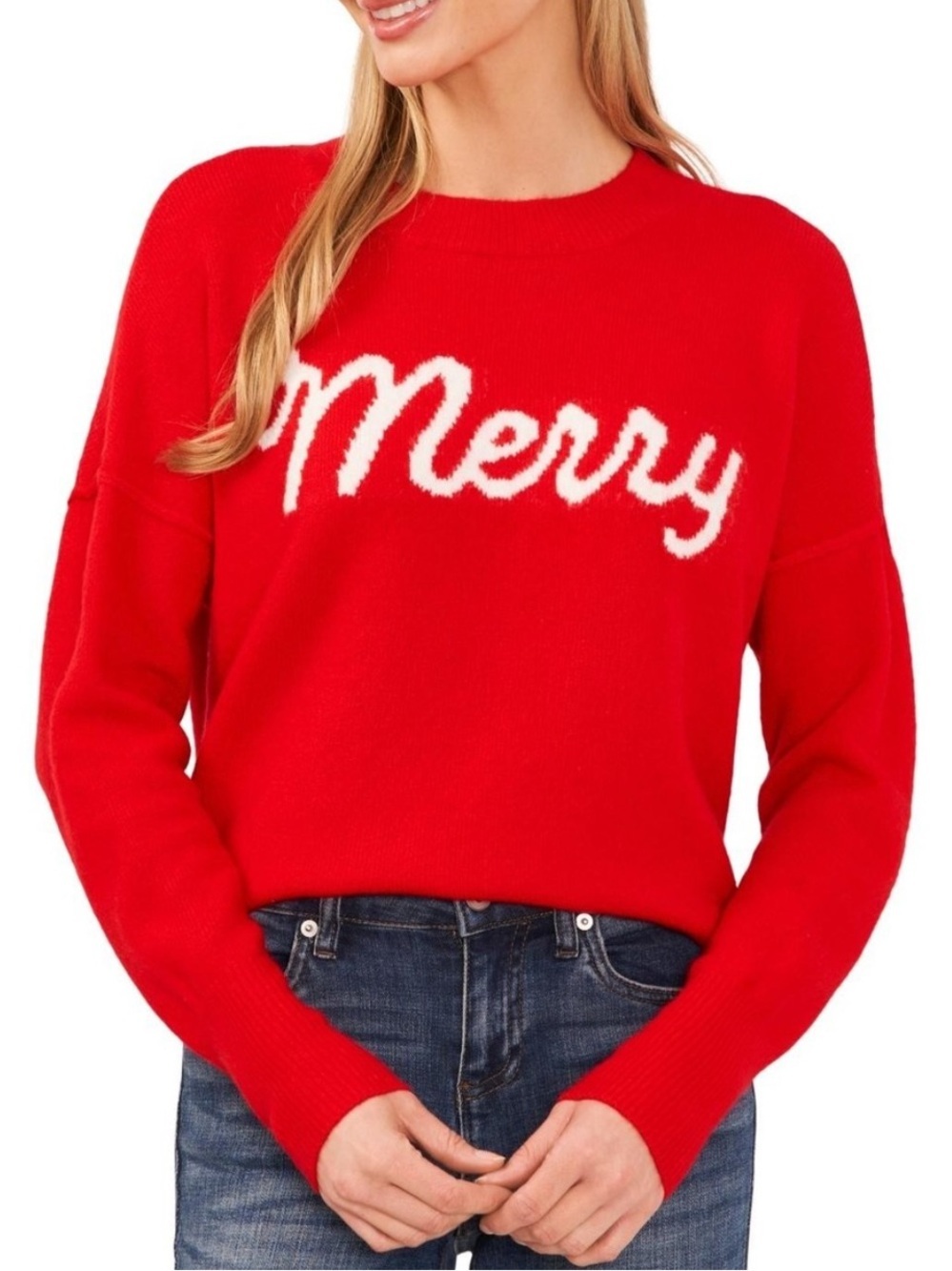 CeCe Red Crewneck Sweater with White Script